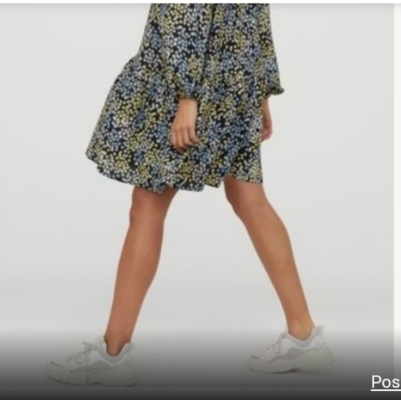 H&M Ditsy Floral Print Dress Multicolored Sz S Oversized Bohemian Puff Sleeve - Picture 7 of 8